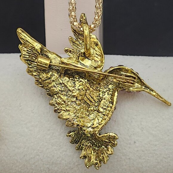 Betsey Johnson Hummingbird Pendant Brooch Combo 28" Chain Pink Green Rhinestones - Picture 3 of 4